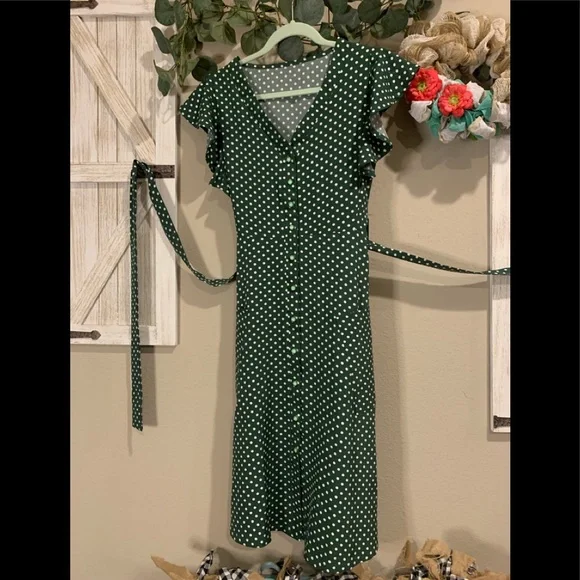 Green Polka Dot | Swing Midi Dress with Pockets and Tie Waist | Size S | Color: Green/White | Size: S | Pm-24447478'S Closet